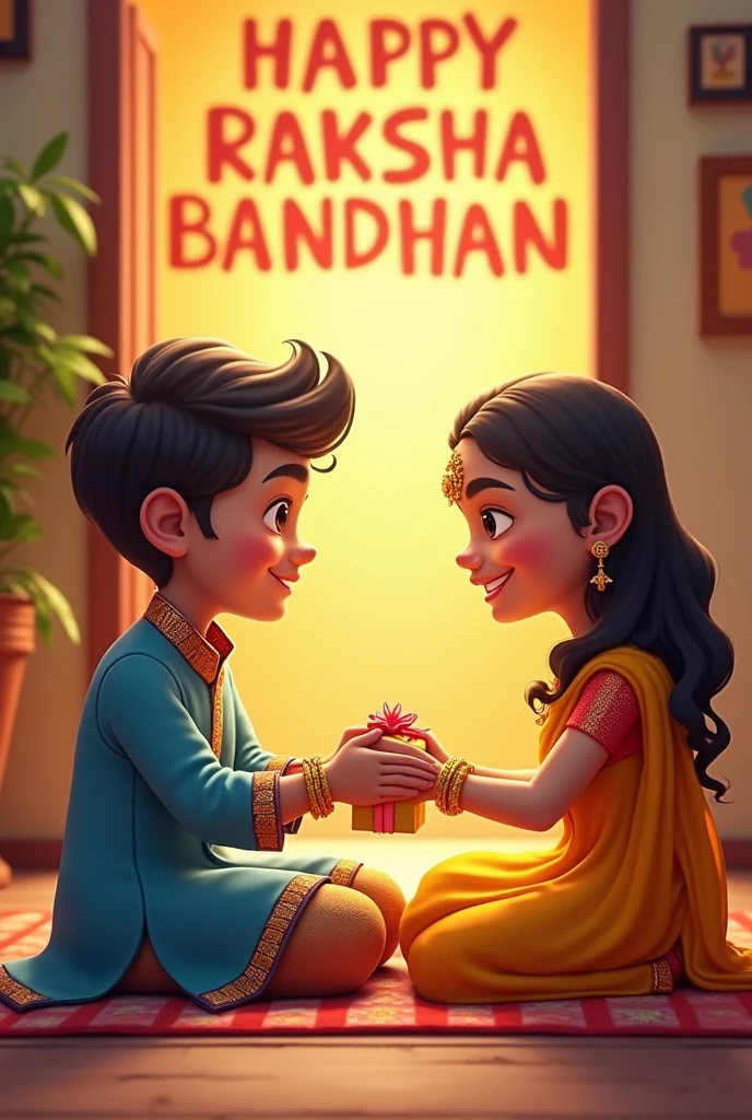A realistic 20 year old cute boy and  girl are sitting face to face on a colourful mat in the home lobby,the boy has extended one of his hand forward and girl trying Rakhi on brother's hand. boy is wearing a blue coloured kurta and girl ks wearing a yellow lehenga,boy has a gift box in his other hand, is smiling, girl has applied tilak on his forehead,and the wall in bold letters "HAPPY RAKSHA BANDHAN " "ABHI and KASHISH" it is written, 4k image
