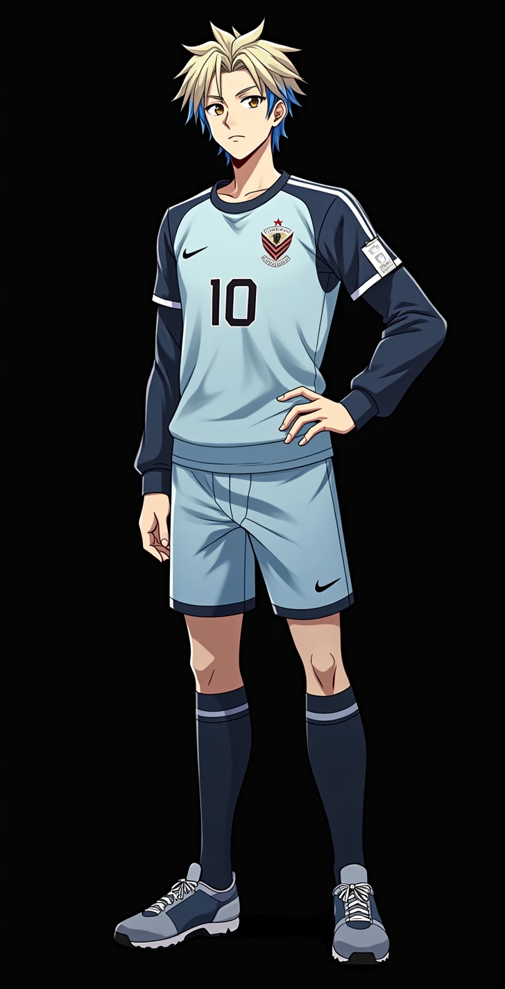 character, masculine, stocky body, Whole body, blue lock style, short blonde hair, brown eyes, jersey with the number ten, light blue football shirt, black football shorts, black low sports socks, soccer shoes, slanted eyes, serious face, intimidating, pride, attractive, anime, 4k, White background