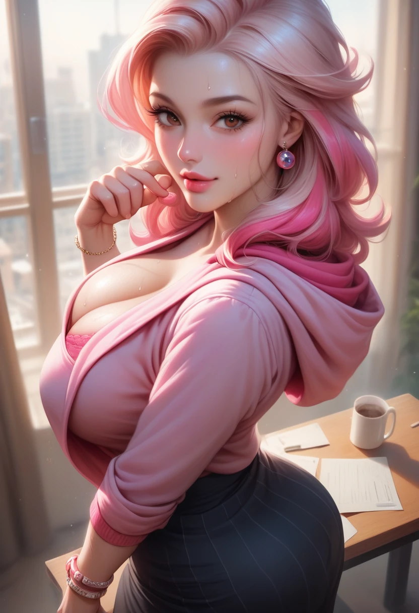 (nsfv),Professional Women Photography, Table, big, 1 woman, artistic background、flirting, above, (sweat bracelet: 1.3), background blur, beautiful villain woman photo, ((Pink Gangster Style)), panties,Open front, skirt, ((Pink hoodie, peach colored hair)), realistic, beautiful lips, Brown eyes, Розовая skirt со складками в клетку, highest quality, ultra detail, Naughty corners, long eyes, mature beautiful face, seductive eyes, rear lighting, massive huge breasts