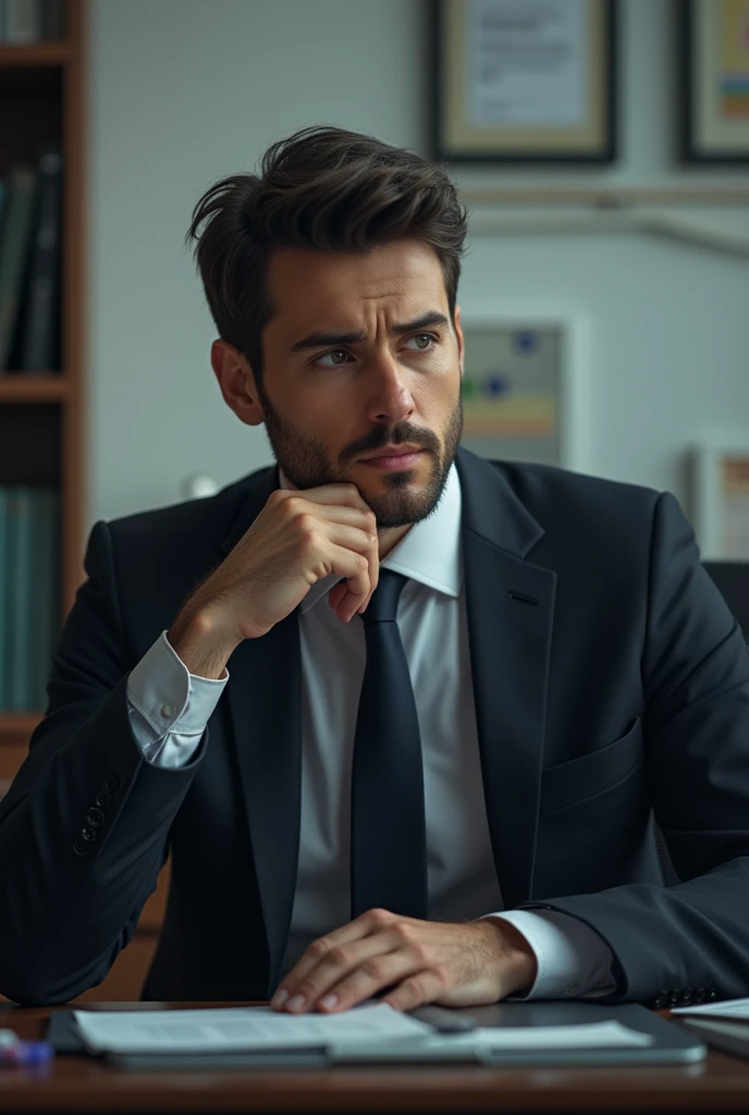 Create a office men image's with the position of thinking something