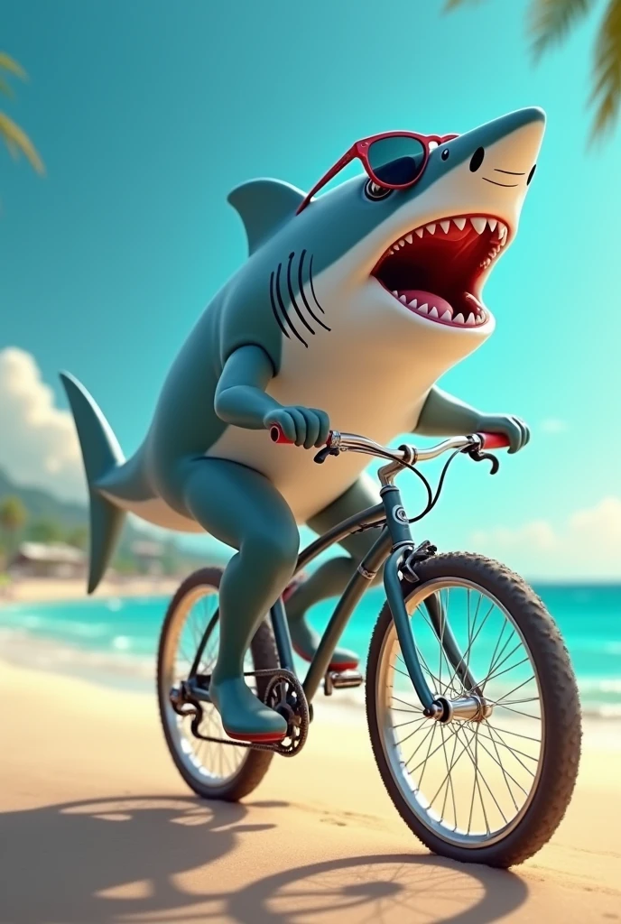 A shark with sunglasses and a bicycle 