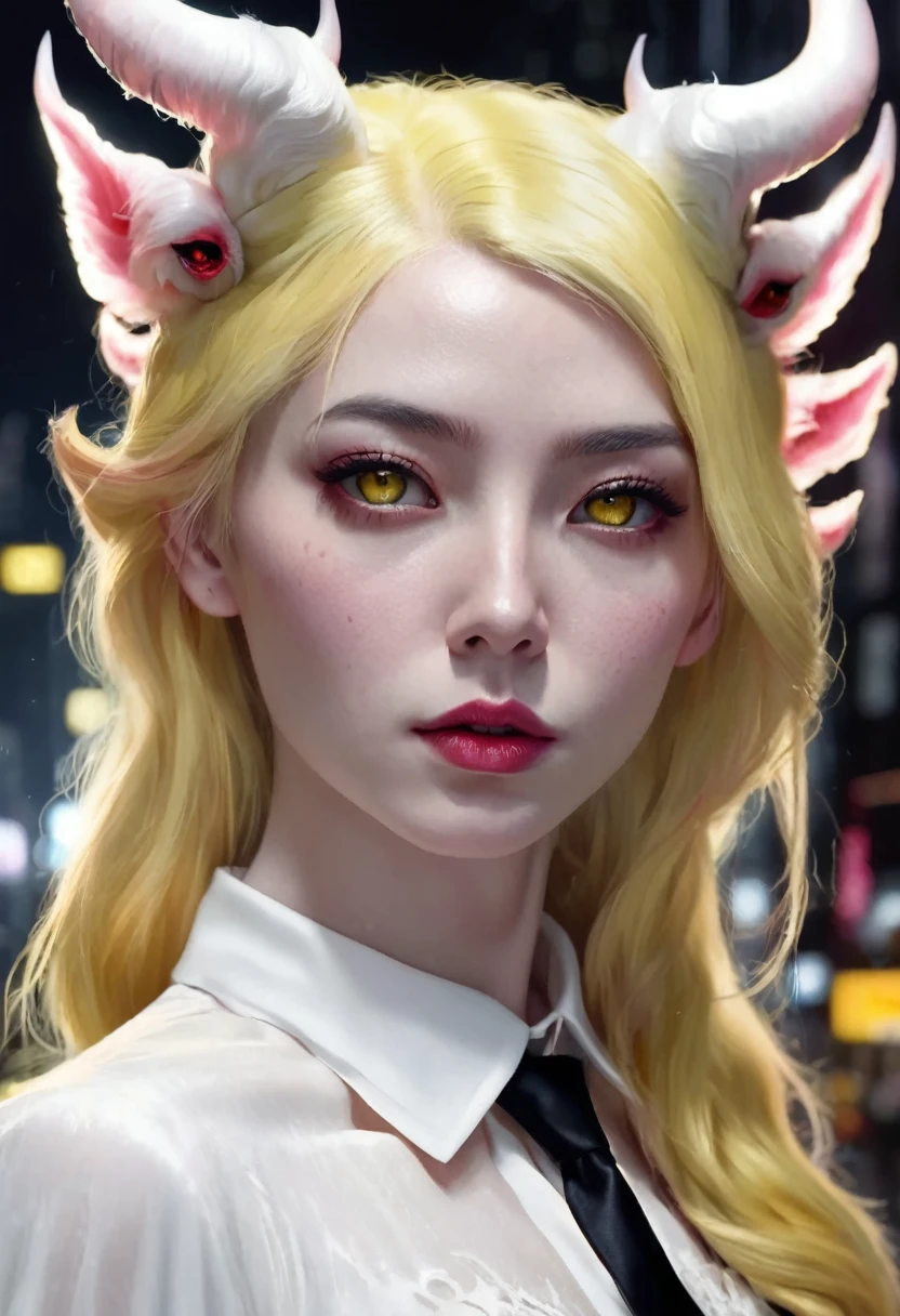 1 woman, inside a city at night, wearing a white dress with black tie, feminine yellow eyes, detailed white skin, very long light pink hair, dramatic lighting, cinematic composition, small red horns on her head, dark palette, dark colors, atmospheric haze, thin chin, soft face, serious face, beautiful woman, adult woman, ultra realistic, adult woman, (best quality, 4K, 8K, high resolution, art: 1.2), ultra detailed (realistic, photorealistic, photorealistic: 1.37)