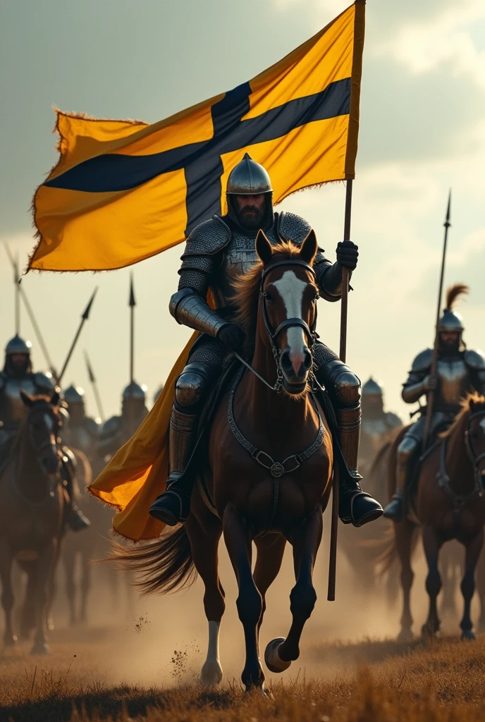 A medieval rider riding his horse. The warrior carries the flag of his country in the shape of a cross, in the style of the Swedish flag, but the flag has a yellow background and a black cross. Other warriors appear around the rider., spears, swords, etc. the stage is the battlefield.