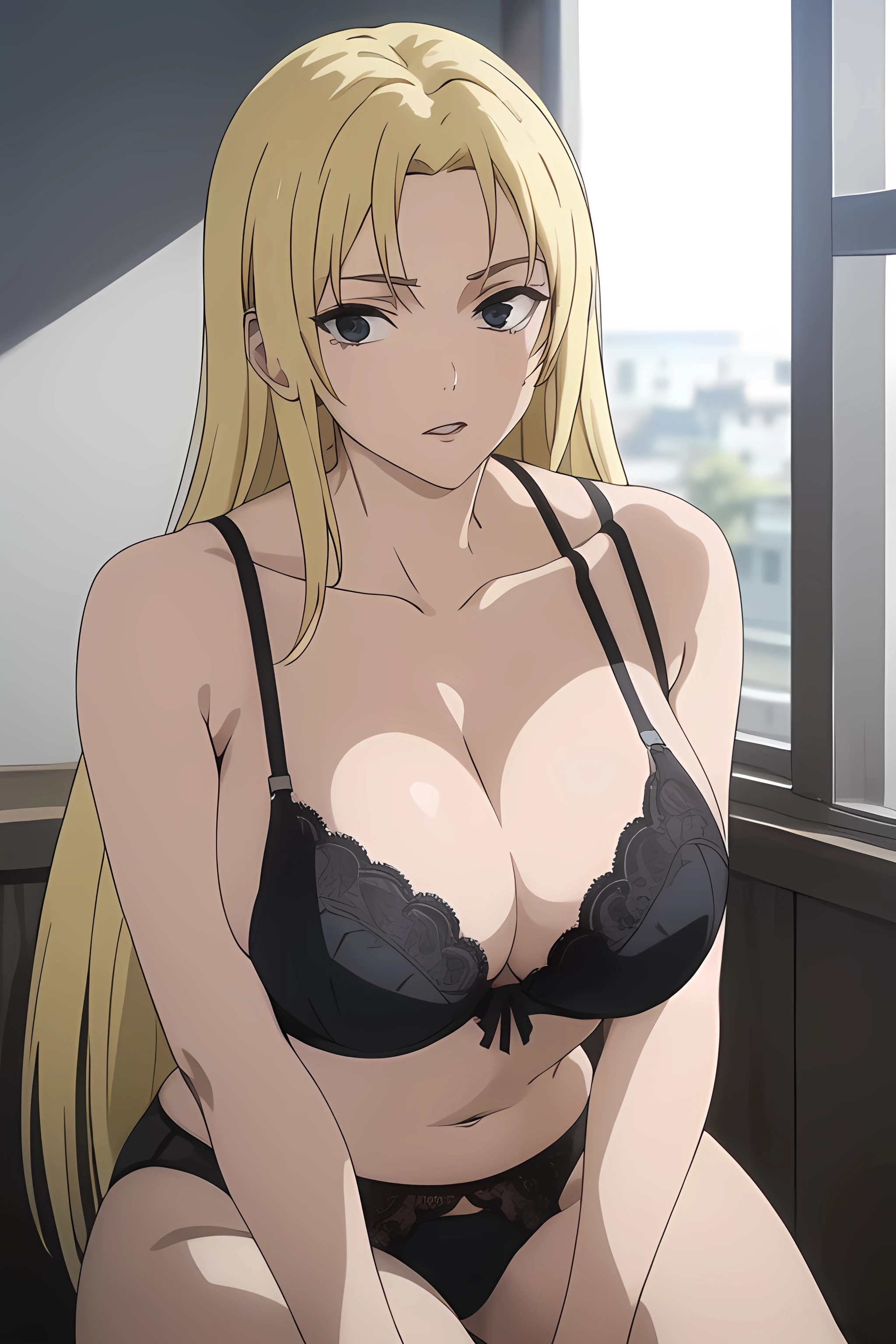 YukiTsukumo, 1girl, AS-Adult, blonde, long hair, female focus, solo, facing viewer, (), perky , cleavage, shining , black lace bra, black lace panties, black lingerie, sitting, on her knees