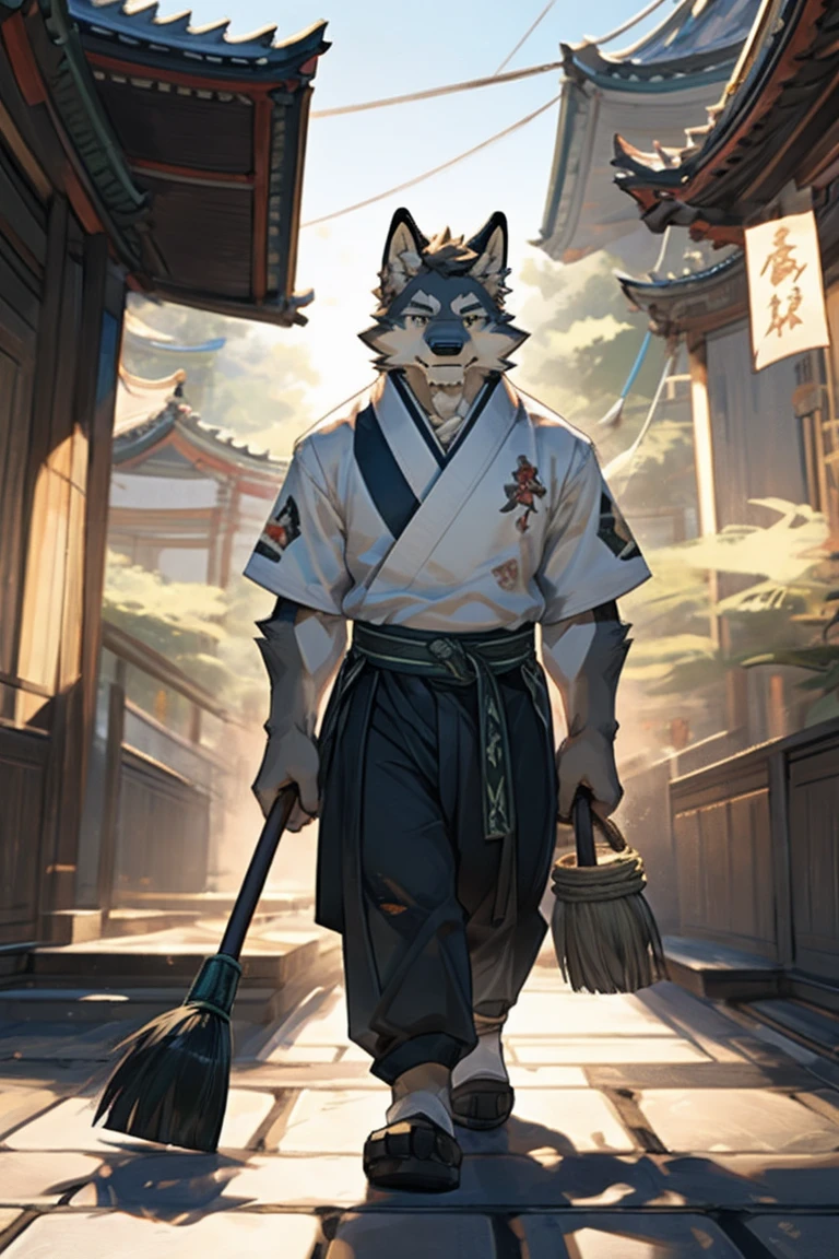 best quality，Ultra HD，Male gray wolf［Son：0.6］，表情Fatigue［Fatigue：0.7］，Body［Short stature：0.6］，身上穿着Dark green Hanfu［Dark green Hanfu；0.8］，下身穿着Black Hanfu trousers［Black Hanfu trousers：0.9］，Holding a broom in hand，Working hard to sweep the floor
