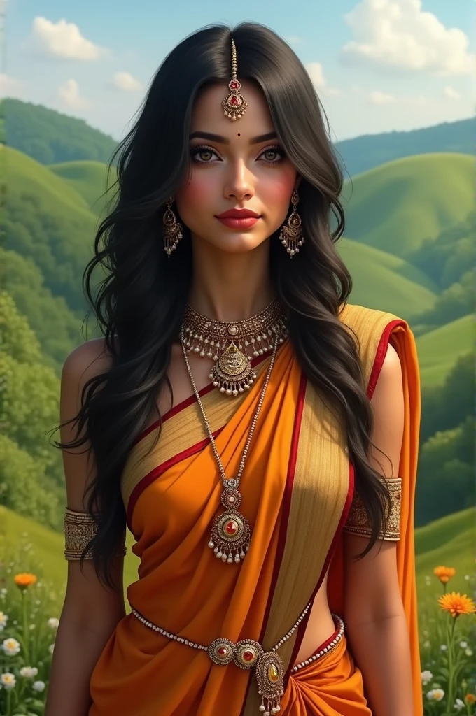 hyuga Hinata, An Extremely Realistic Indian Woman, very beautiful, Indiana, Indian clothes, Indian Makeup, wearing jewelry