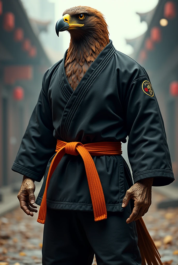Eagle wears black martial arts clothes and an orange belt