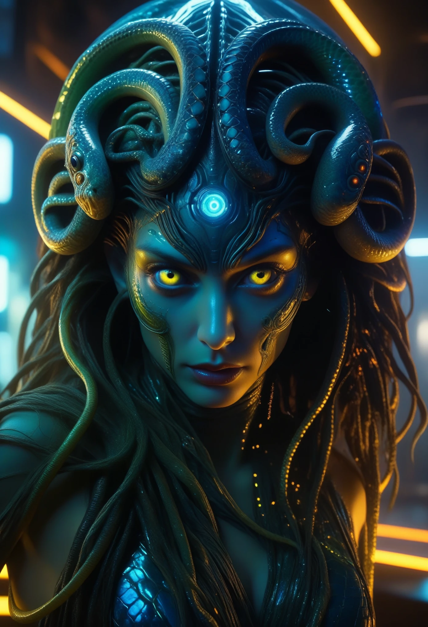 score_9, score_8_up, score_7_up, 1 female medusa alien, A scene from a horror movie, beautiful detailed eyes, A third eye on the forehead, beautiful detailed lips, extremely detailed face and eyes, long eyelashes, (long tongue like a snake:1.2), intricate insect-like features, glowing compound eyes, scythe-like forelimbs, alien carapace, vibrant colors, futuristic sci-fi environment, neon lights, glowing energy field, complex technological architecture, dramatic lighting, cinematic atmosphere, award winning digital art, hyper realistic, 8k, high quality, masterpiece, Bioluminescence, Translucent armor, thespiritde, concept art, hypre detailed moist skin texture, (Best Quality, 4K, 8K, High Definition, Masterpiece:1.2), (Ultra Detailed, Realistic, Photorealistic:1.37), 