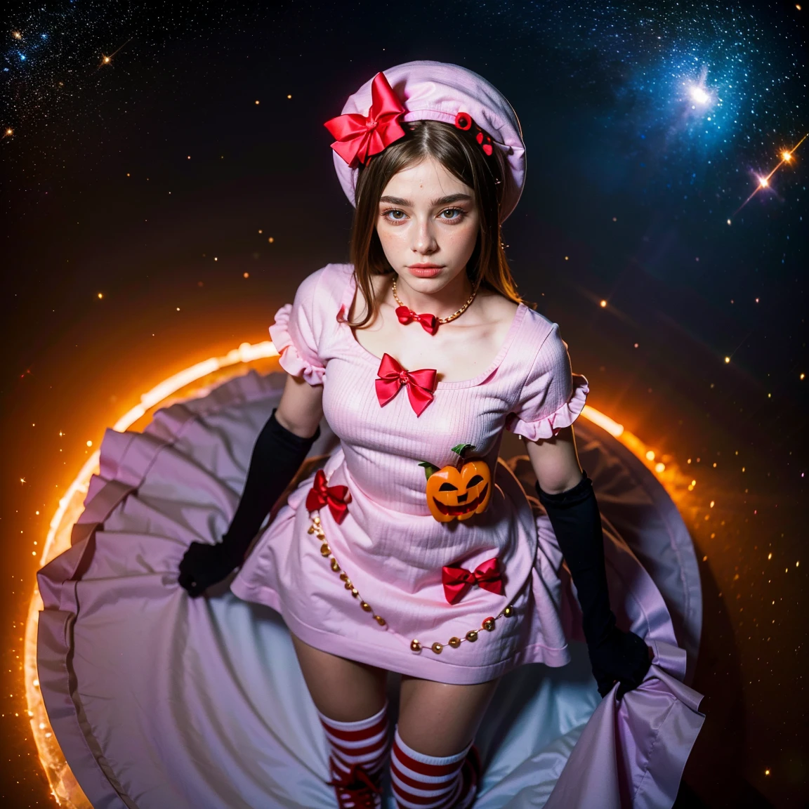 (1 lady), The beautiful, (Best quality at best:1.4), (ultra - detailed), (extremely detailed CG unified 16k), gold blonde hair, very detailed, High-definition RAW color photo, professional photoshooting, amazing face and eyes, cosmetics, (amazingly beautiful girl), ((lambdadelta, taller, tall woman)), tarankaaa, NOT DASHA TARAN:1.2, ((dress, shoes bow, red shoes, striped stockings, red bow, pink hat, necklace, gloves, pearl, pumpkin brooch, pink dress)), levitating in a cute posture (floating in the air), (She's levitating in a cosmic sea, outer space:1.3, quantum hyperspace room lacking walls, hyperspace chamber, extremely detailed background, a lot of details background, realistic outer space background with stars quasars and cosmic bodies, brighter background), (look from above), realistic cinematic face, head to feet long wide zoomed out view, full body long view, photorealistic, ((realistic natural blonde hair style, red eyes)), gorgeous, extremely beautiful face, perfect model beauty, pout mouth, Highly Detailed Face and Skin Texture, Detailed Eyes, Double Eyelids, Small Breasts, Persistent Stare, Faith Trance, (mystical stare, looking eternity), (masterpiece), best quality, high resolution, depth of field, cinematic lighting, amazing legs, pink combat boots, clear and well-cared skin, amazing lot of details:1.4