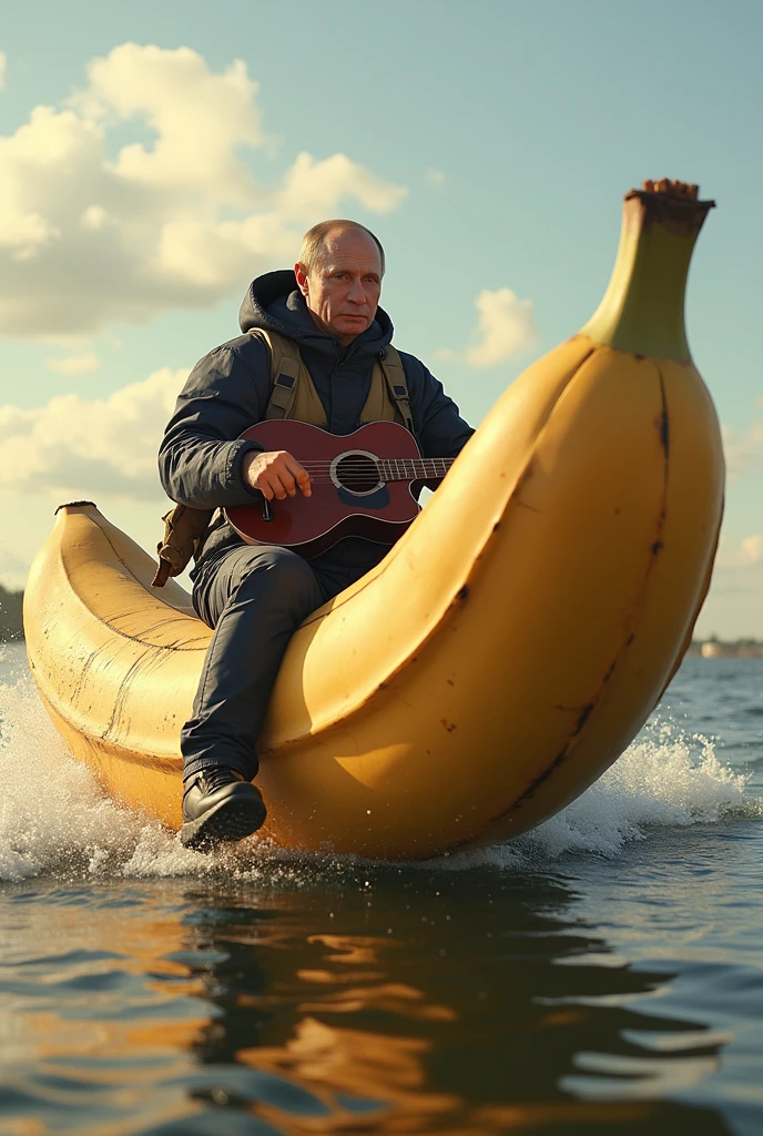 vladimir putin riding a  large  pink water banana with anti-drone grill