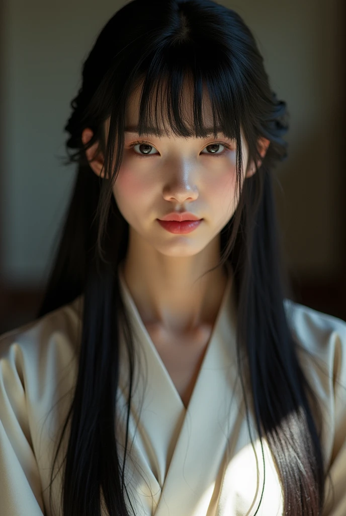 A Japanese woman with an elegant look under natural light、A close-up of her chest and calm expression.、It shows her inner peace and outer charm.。Long black hair with blunt bangs。Wearing a priestess costume。