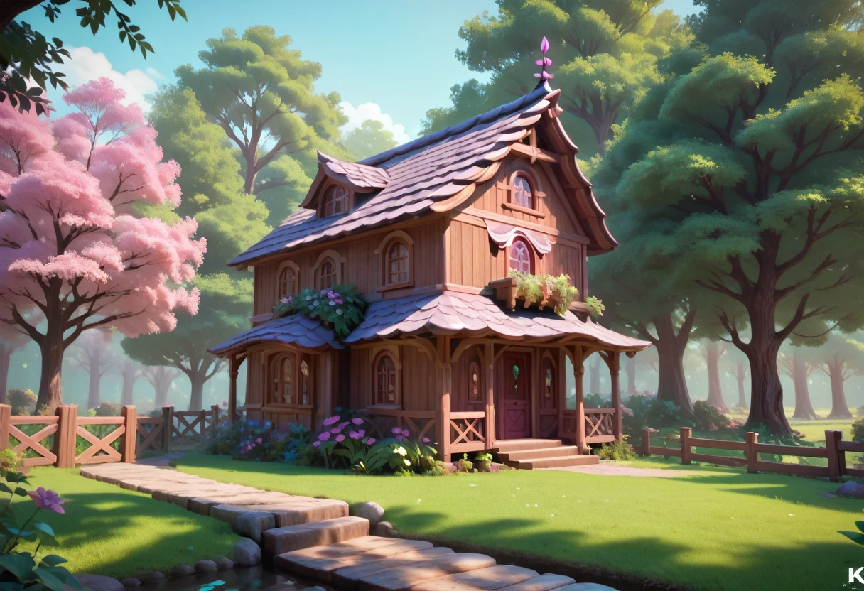 a beautiful elf mansion, huge wooden mansion, wooden walls, fancy elf house, large trees, mystical village, masterpiece quality, ultra HD, 4K, best quality