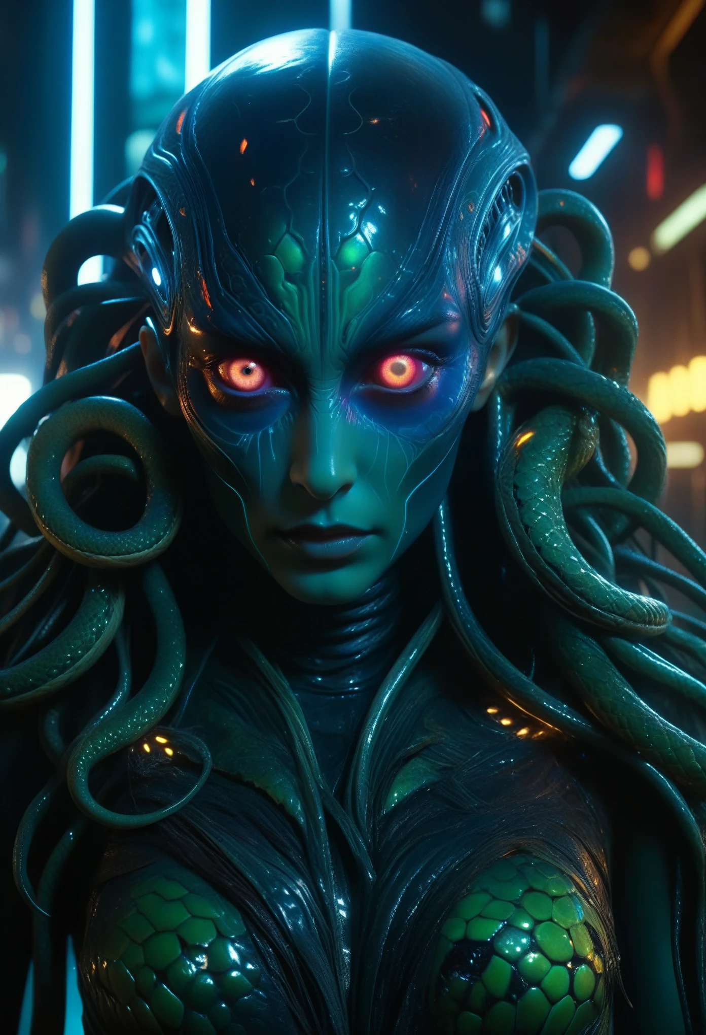 score_9, score_8_up, score_7_up, 1 female medusa alien, A scene from a horror movie, beautiful detailed eyes, A third eye on the forehead, beautiful detailed lips, extremely detailed face and eyes, long eyelashes, (long tongue like a snake:1.2), intricate insect-like features, glowing compound eyes, scythe-like forelimbs, alien carapace, vibrant colors, futuristic sci-fi environment, neon lights, glowing energy field, complex technological architecture, dramatic lighting, cinematic atmosphere, award winning digital art, hyper realistic, 8k, high quality, masterpiece, Bioluminescence, Translucent armor, thespiritde, concept art, hypre detailed moist skin texture, (Best Quality, 4K, 8K, High Definition, Masterpiece:1.2), (Ultra Detailed, Realistic, Photorealistic:1.37), 