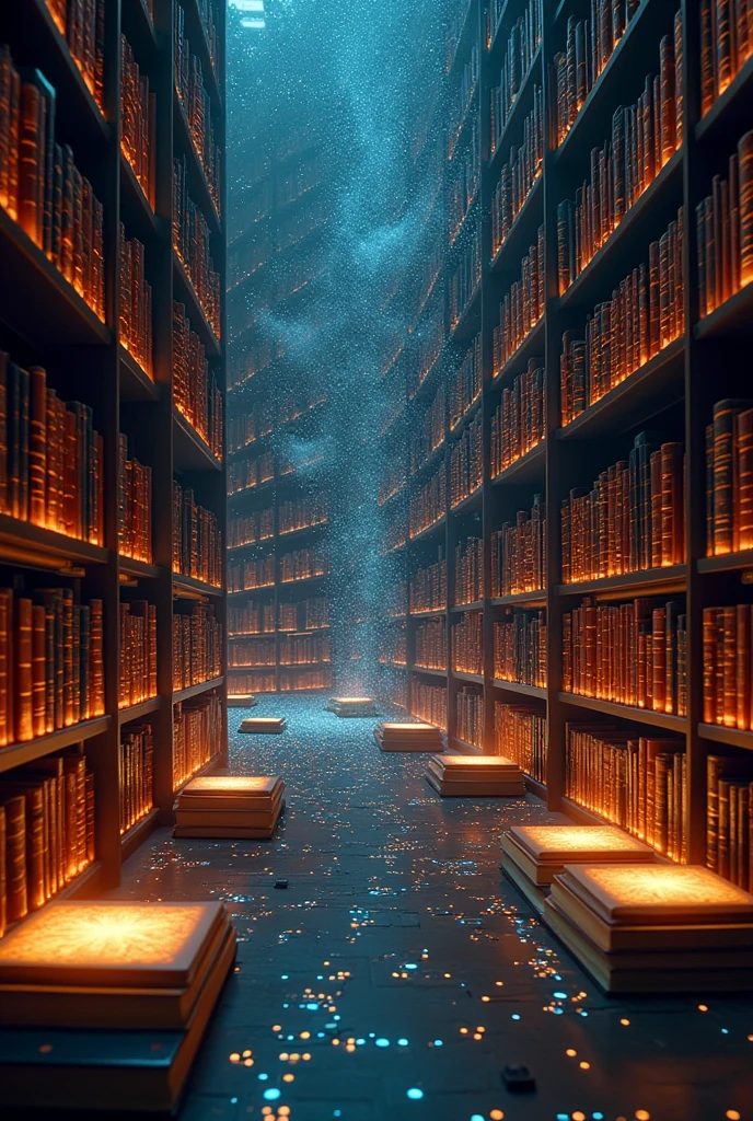 A vast digital library filled with glowing books and code flowing from them, representing the foundations of artificial intelligence built on programming and algorithms.