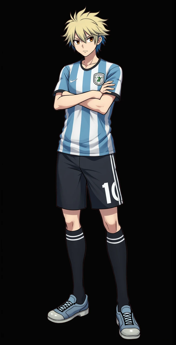 character, masculine, stocky body, Whole body, blue lock style, short blonde hair, brown eyes, jersey with the number ten, light blue football shirt, black football shorts, black low sports socks, soccer shoes, slanted eyes, serious face, intimidating, pride, attractive, anime, 4k, White background