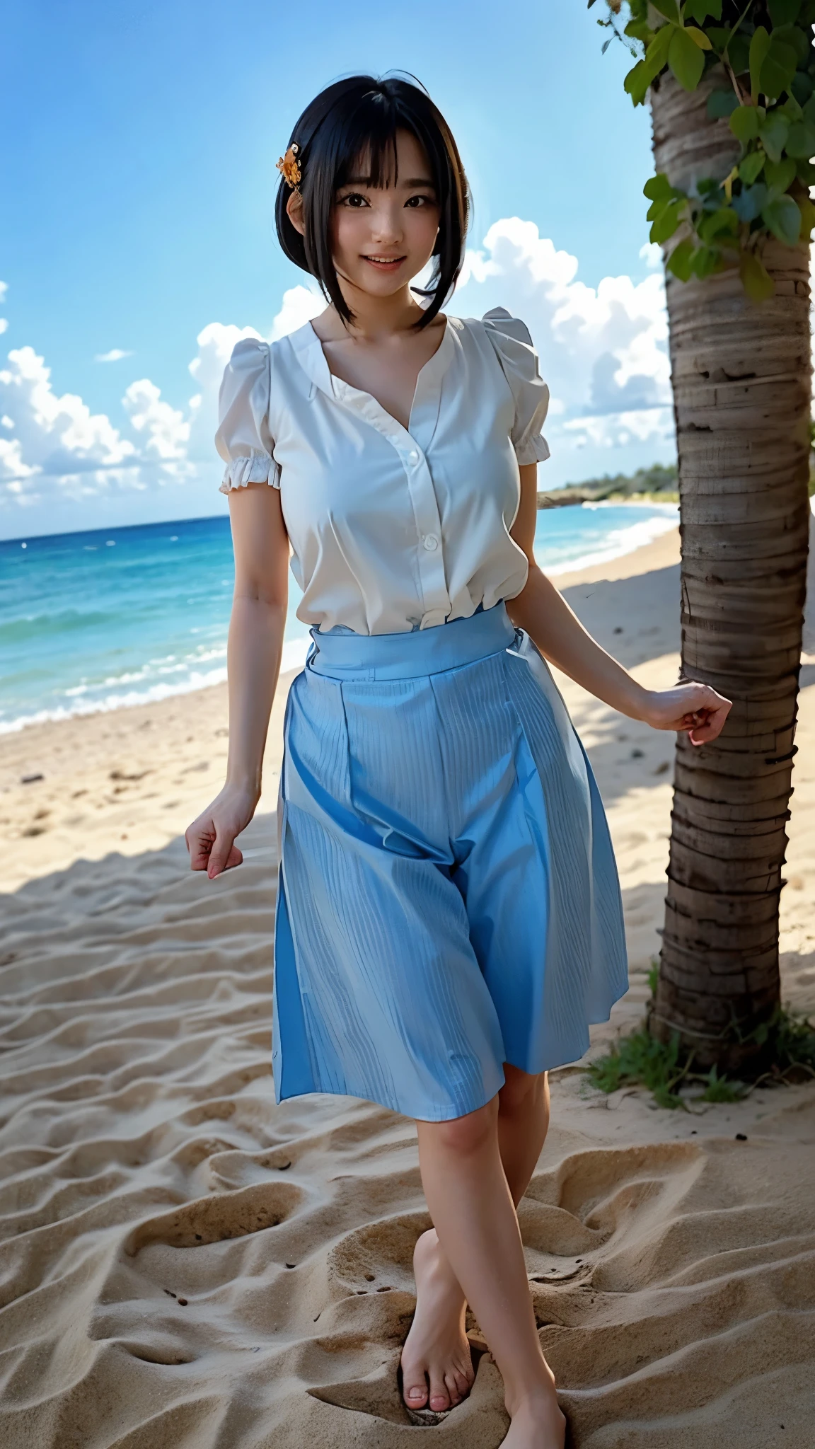 (Cute Smile、Aoi Yuki、Girl with short black hair、Cute orange hair clip)、((A white blouse clinging tightly to a blue bra、Light blue and white striped long cart))、barefoot、barefoot、((Sandy beach, sea and blue sky))、((The face is in focus and the background is blurred、Shallow depth of field))、Realistic、Standing posture、((Big Breasts、Closer valley))