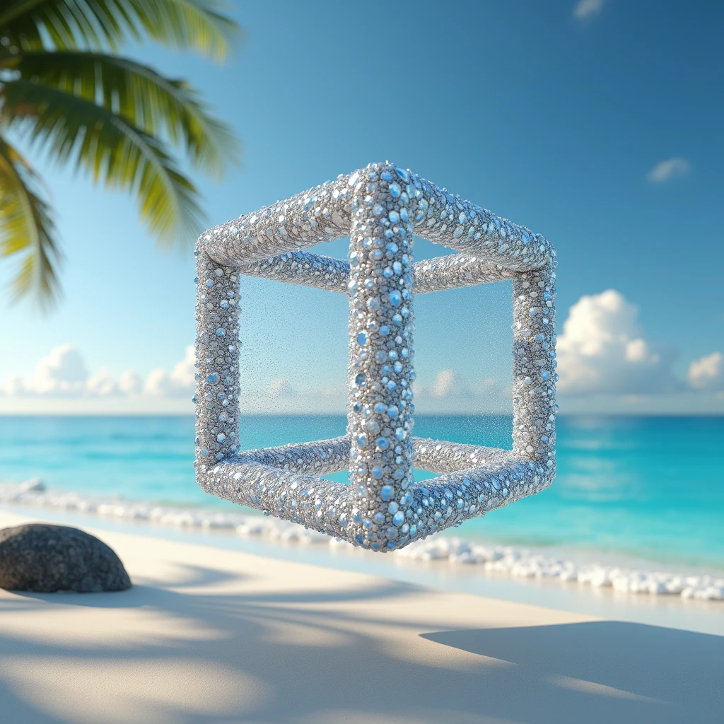 Cube hanging in space, 4K, 8k, hyperrealism, background: sunny Beach, the cube is made of diamonds.