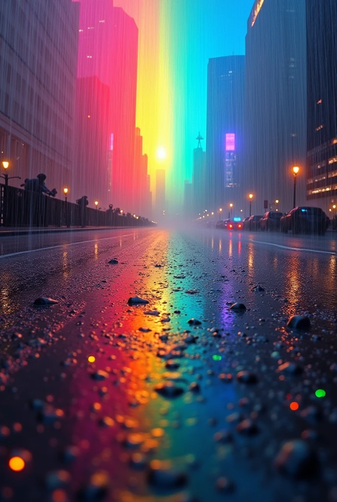 LSD effect, rainbow colored rain , metropolis in the background ,
