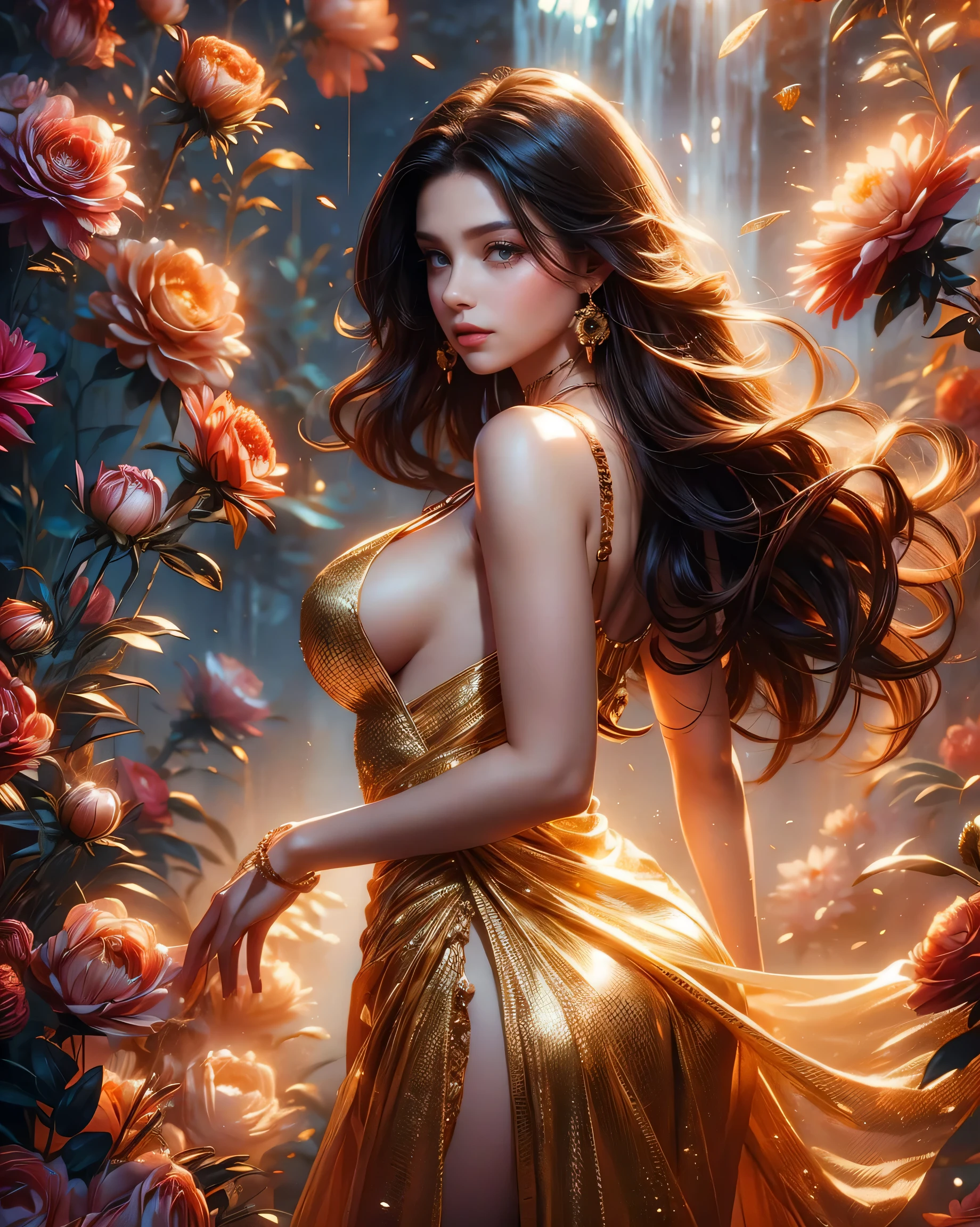Beautiful brunette woman, 25 years old, stunning body, expressive and clear face, crystal clear eyes, full mouth, long dark curly hair, cheerful, short red dress with golden details with straps, large breasts, gold jewelry earrings and necklace, nature background white roses, waterfall, light in the background, light hitting the hair from behind, perfect hands, breathtaking image, 8k, HDR.