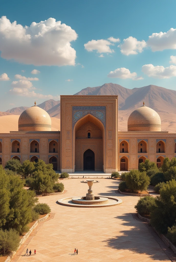 Generate an image that encapsulates the essence of Uzbekistan. Showcase the intricate architecture of historic cities such as Samarkand and Bukhara, highlighting the region’s cultural richness. Set the image against the backdrop of the arid beauty of the Kyzylkum Desert.”