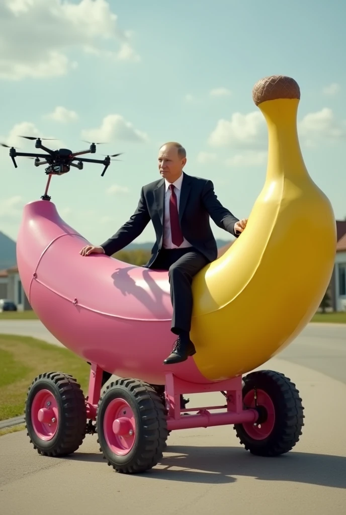 vladimir putin riding a large pink wheeled banana with anti-drone grill