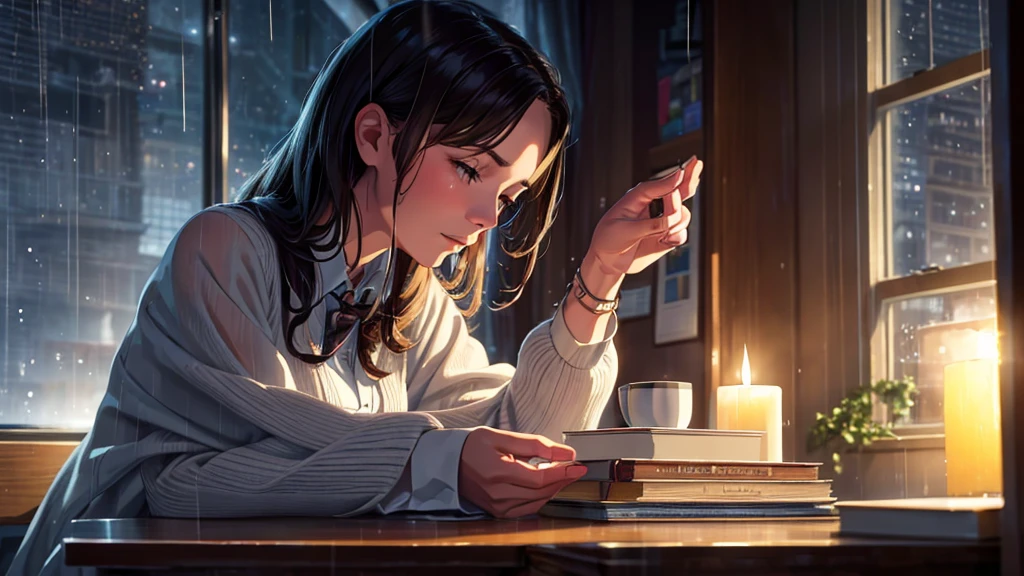 A girl working on a project in a cozy study environment lit by candles and soft lights, stacked books, a cup of tea, a sleeping cat in the background, rain falling on the window, (best quality,4k,8k,highres,masterpiece:1.2),ultra-detailed,(realistic,photorealistic,photo-realistic:1.37),digital painting, highly detailed, intricate details, warm lighting, moody atmosphere, rain drops on window, cozy study room, cat sleeping, beautiful girl focused on work, delicate facial features, detailed eyes and lips, detailed clothing