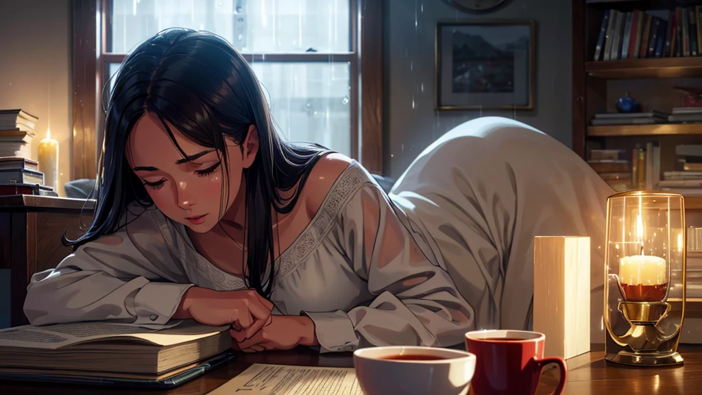 A girl working on a project in a cozy study environment lit by candles and soft lights, stacked books, a cup of tea, a sleeping cat in the background, rain falling on the window, (best quality,4k,8k,highres,masterpiece:1.2),ultra-detailed,(realistic,photorealistic,photo-realistic:1.37),digital painting, highly detailed, intricate details, warm lighting, moody atmosphere, rain drops on window, cozy study room, cat sleeping, beautiful girl focused on work, delicate facial features, detailed eyes and lips, detailed clothing
