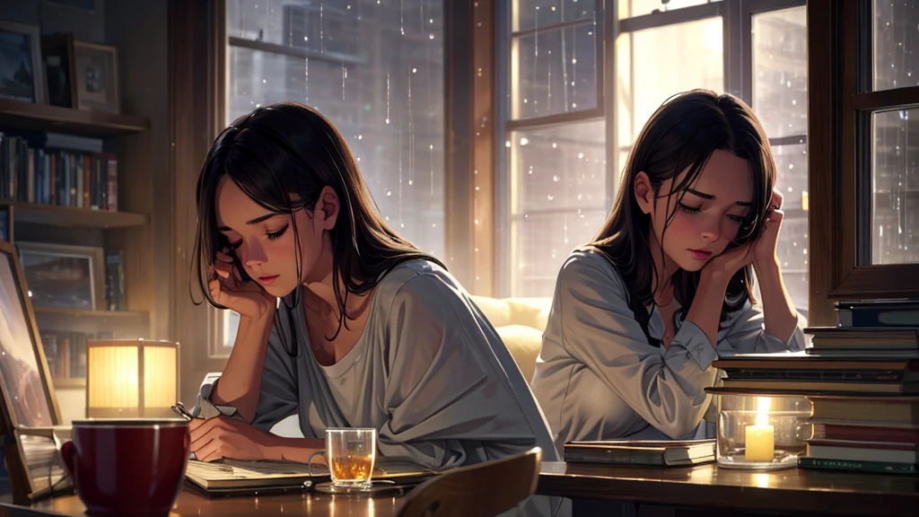 A girl working on a project in a cozy study environment lit by candles and soft lights, stacked books, a cup of tea, a sleeping cat in the background, rain falling on the window, (best quality,4k,8k,highres,masterpiece:1.2),ultra-detailed,(realistic,photorealistic,photo-realistic:1.37),digital painting, highly detailed, intricate details, warm lighting, moody atmosphere, rain drops on window, cozy study room, cat sleeping, beautiful girl focused on work, delicate facial features, detailed eyes and lips, detailed clothing