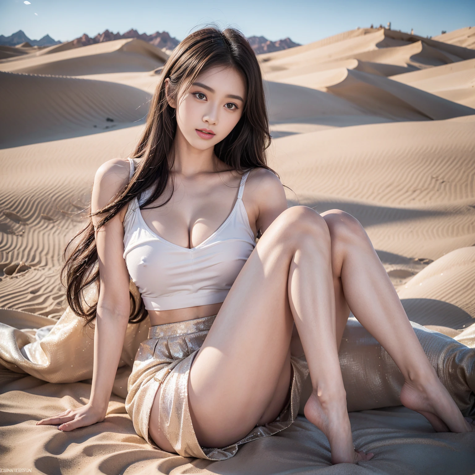 Real-world situations,In the desert,On the sand dunes,Desert Area,beautiful young asian girl,26 years old,Whitening & supple skin,Wear a sheer, transparent skirt,Tulle material,scarf,A strong wind blew the sheer skirt.,A very long, flowing, sheer skirt,Float in the air,Show off the perfect figure of a woman.,ก้นbigและกลม,Butt cocked,หน้าอกbigตรง,Appearing,The outlines of the pubic bone and vagina are clearly visible.,ช่องว่างbigบริเวณโคนต้นขา,The abalone veins are distinct and prominent.,big ,The target area shines with light,Sunlight on the face,high-heels,Elegant and luxurious,Highly detailed facial features,real skin texture,Detailed finger details,People are in sharp focus,Professional Sony camera,wide angle,Towering Western architecture,best results,More complex details,Highest resolution quality 8k,HD quality,extreme color saturation,clarity,Ray Tracing,High quality finger details