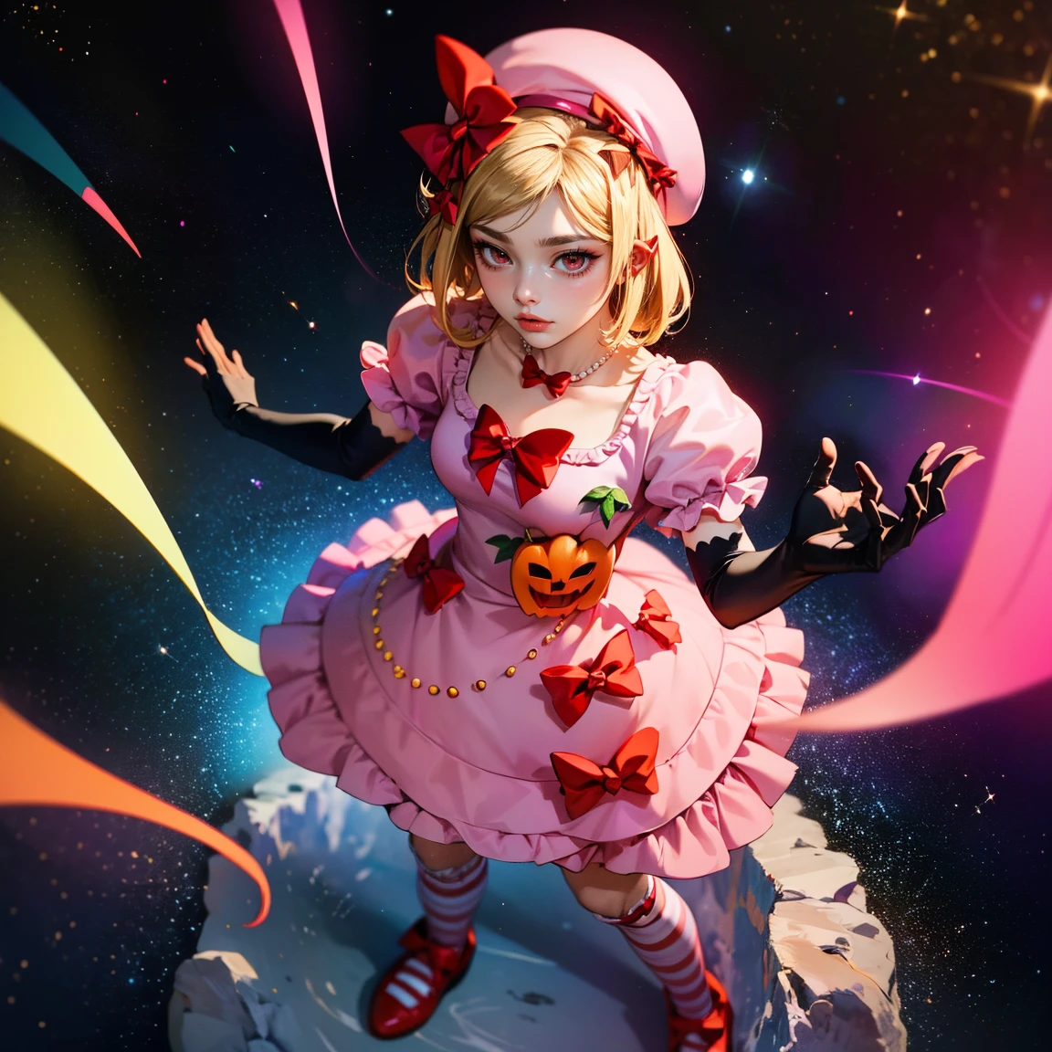 (1 lady), The beautiful, (Best quality at best:1.4), (ultra - detailed), (extremely detailed CG unified 16k), gold blonde hair, very detailed, High-definition RAW color photo, professional photoshooting, amazing face and eyes, cosmetics, (amazingly beautiful girl), ((lambdadelta, taller, tall woman)), tarankaaa, NOT DASHA TARAN:1.2, ((dress, shoes bow, red shoes, striped stockings, red bow, pink hat, necklace, gloves, pearl, pumpkin brooch, pink dress)), levitating in a cute posture (floating in the air), (She's levitating in a cosmic sea, outer space:1.3, quantum hyperspace room lacking walls, hyperspace chamber, extremely detailed background, a lot of details background, realistic outer space background with stars quasars and cosmic bodies, brighter background), (look from above), realistic cinematic face, head to feet long wide zoomed out view, full body long view, photorealistic, ((realistic natural blonde hair style, red eyes)), gorgeous, extremely beautiful face, perfect model beauty, pout mouth, Highly Detailed Face and Skin Texture, Detailed Eyes, Double Eyelids, Small Breasts, Persistent Stare, Faith Trance, (mystical stare, looking eternity), (masterpiece), best quality, high resolution, depth of field, cinematic lighting, amazing legs, pink combat boots, clear and well-cared skin, amazing lot of details:1.4