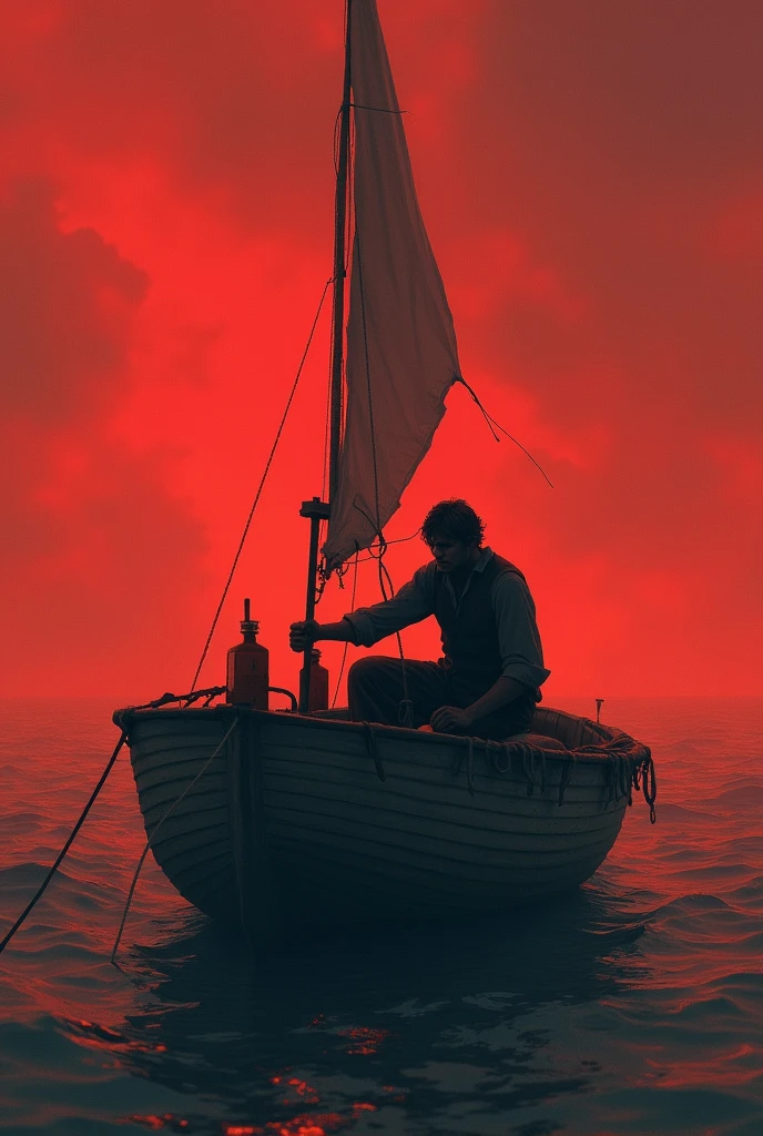 Man adrift in a boat, in distant perspective, with a bottle in his left hand, holding on to the sail mast, with the reddish sky