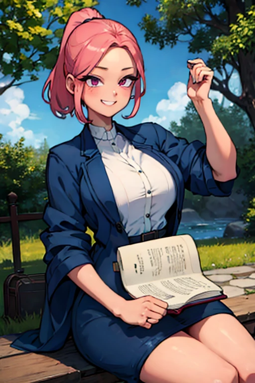 Perfect face. Perfect hands. A pink haired woman with violet eyes and an hourglass figure in a navy star covered dress is reading in the garden with a big smile