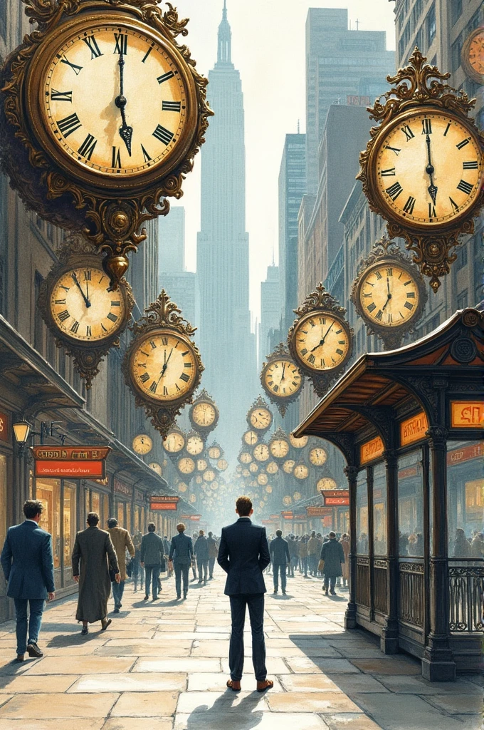 Drawing of a person at a bus stop with large clocks around it