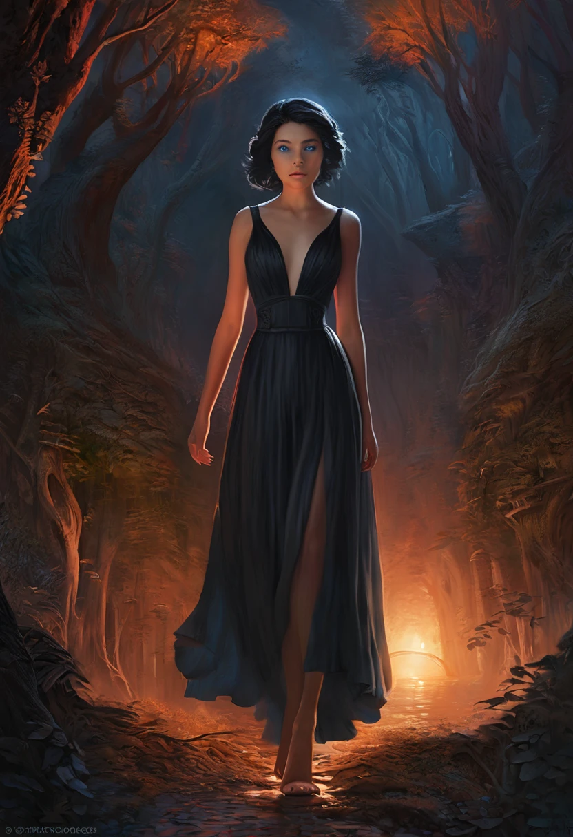 A beautiful Italian 18 year old girl with black hair, blue eyes, dressed in a black gown, slim waist, hourglass figure, highly detailed illustration, walking through a dark forest at midnight, deep focus, d & d, fantasy, intricate, elegant, highly detailed, digital painting, artstation, concept art, sunset, matte, sharp focus, ultrarealistic, shot in the style of Wes Anderson, Mysterious and seductive atmosphere