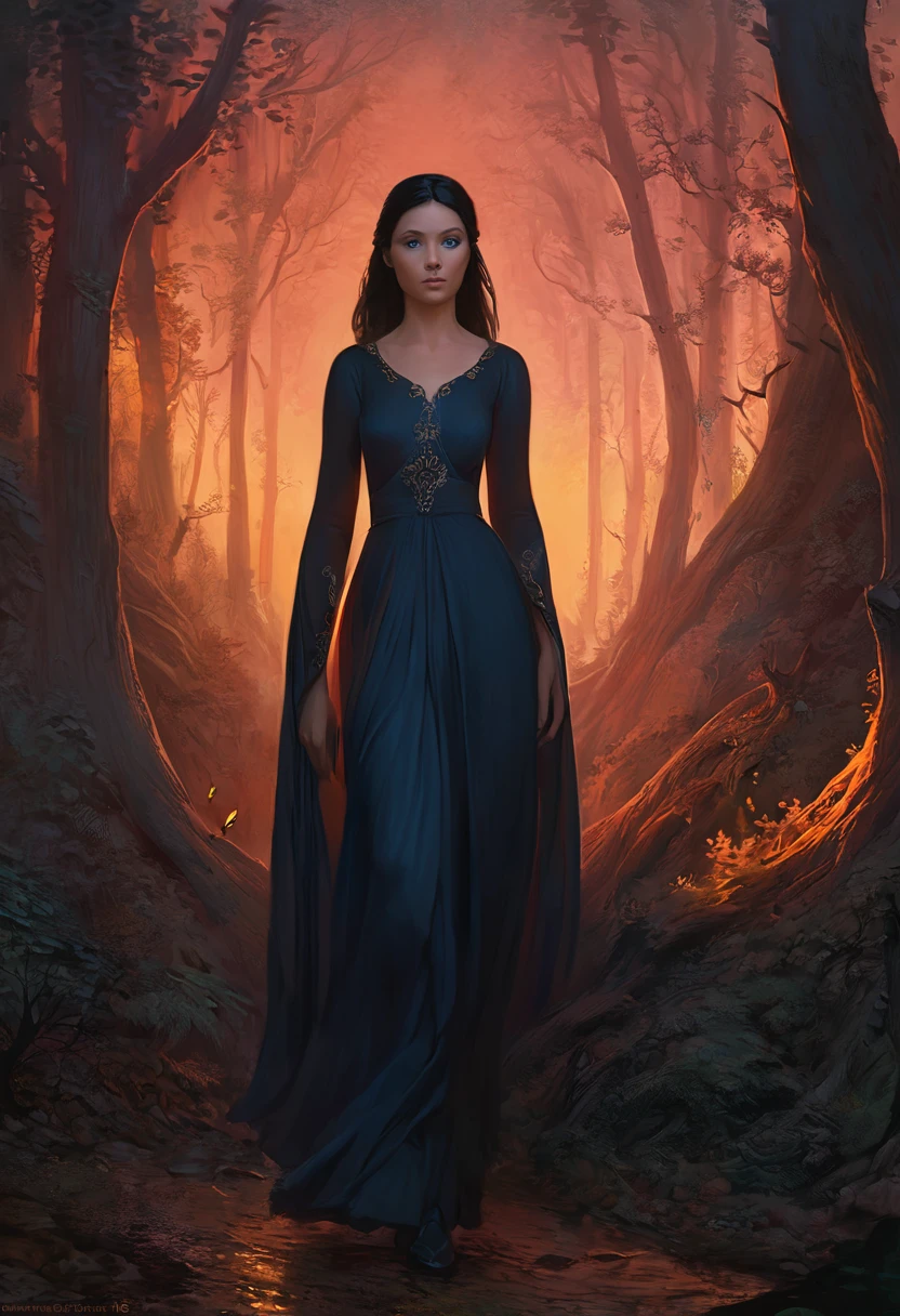 A beautiful Italian 18 year old girl with black hair, blue eyes, dressed in a black gown, slim waist, hourglass figure, highly detailed illustration, walking through a dark forest at midnight, deep focus, d & d, fantasy, intricate, elegant, highly detailed, digital painting, artstation, concept art, sunset, matte, sharp focus, ultrarealistic, shot in the style of Wes Anderson, Mysterious and seductive atmosphere