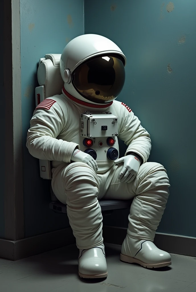 sad astronaut sits in a corner and cries