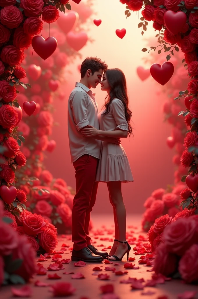 A young man with the initial "in" and a girl with initial "and" on a custom 3D background of red roses and hearts and with fashionable clothes