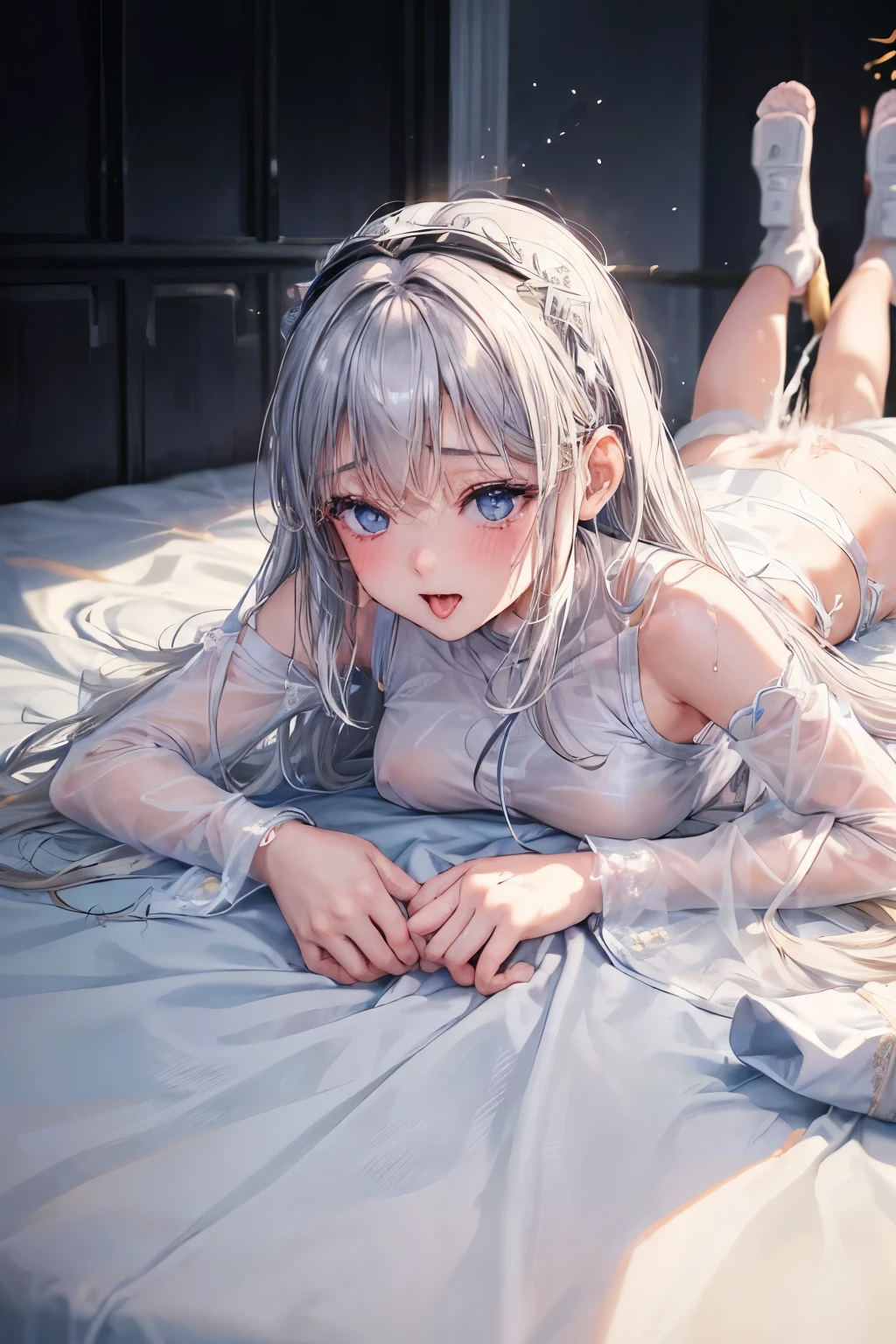 nsfw,(1boy and 1girl are having sex,lying on her stomach,vaginale,sex,:2.0),Shiny golden hair、Dazzling blonde, super long, silky hair、Cute little beautiful face of 、Shiny hair dancing in front of a beautiful face、length, Silky bangs that cover the eyes、Bright pale blue eyes、Hair fluttering in the wind、Hair that hides the face、Sexy and cute young woman with super long bangs、Pure white skin、Oil-based cheek gloss、Small Face Beauty、TVAddicted to games、Headphones、Wet white tube top bra、Wet grey tight see-through hot pants、Highest quality、RAW Photos、Portrait、True to anatomy、slender、Big Breasts、(Fullbody,shot:1.2),(vulgarity1.8),(saliva:1.2),