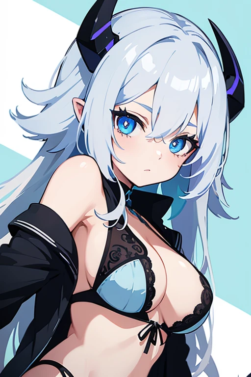 Anime girl in white hair with blue eye with blue horns in forehead wearing black lingerie 