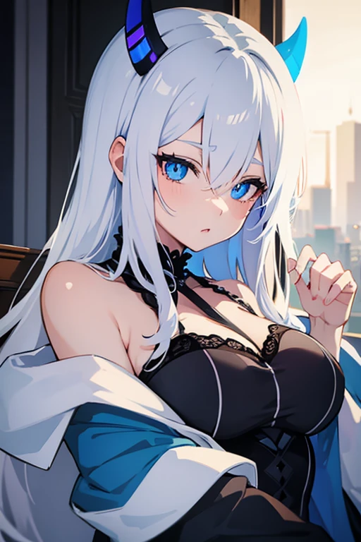 Anime girl in white hair with blue eye with blue horns in forehead wearing black lingerie 
