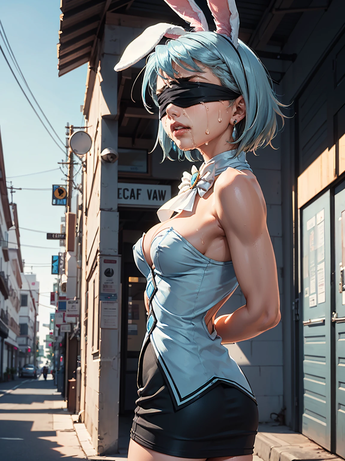 Beautiful woman is shown to have a athletic figure, she is wearing a beautiful nsfw dress, (aafranziska, light blue hair:1.5), ascot, (topless, nsfw, exposed breasts), puffy sleeves, pencil skirt, pantyhose, black gloves, jewelry, earrings, (black bunny ears:1.4), black lips, (thin black blindfold:1.7), (tears, crying:1.4), closed mouth, girl standing in street, (looking down:1.4), sexy session, (arms behind back:1.7), exposed cleavage, (abs), cowboy shot, facing viewer, superior quality, many details, realistic