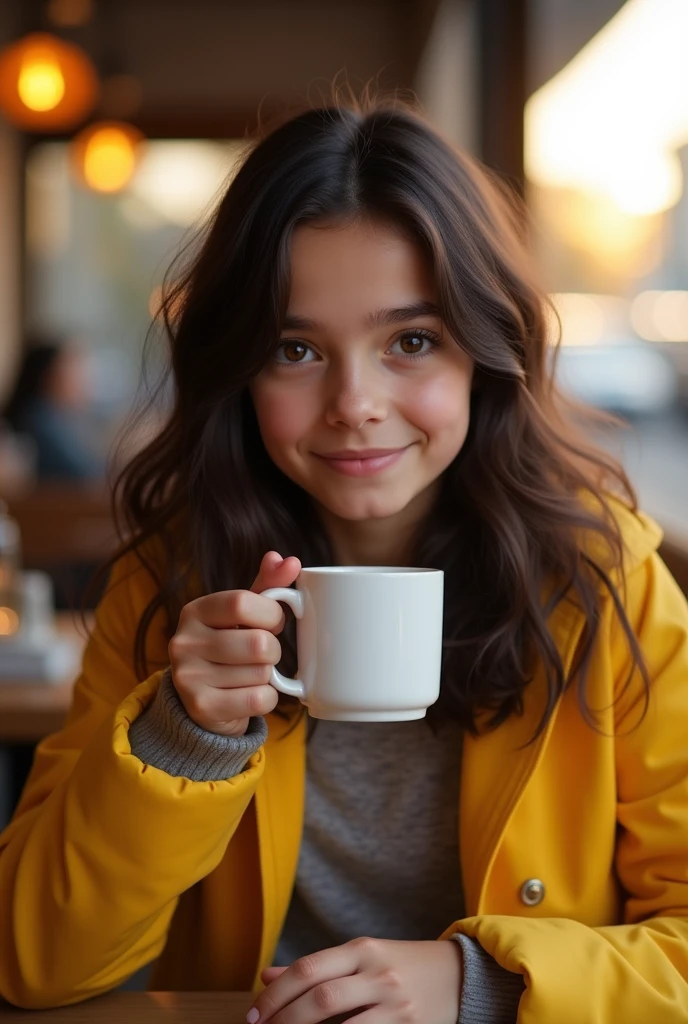 Beautiful and cute black hair with yellow jacket (drinking coffee in a modern cafe at sunset), muito detalhado, 14 years old, innocent face, natural wavy hair, brown eyes, high definition, masterpiece, best quality, intricate details, muito detalhado, sharp focus, detailed skin, real Hauttextur, texture, detailed eyes, professional, 4K, charming smile, shot with Canon, 85mm, depth of field, Kodak Vision color, perfectly proportioned body, great detail, photoshot_\ (ultra\) fotorealisti, realisti, post processing, maximum detail, roughness, real life, ultrarealisti, photoshotrealismus, photoshotgrafie, 8K UHD, photoshotgrafie
