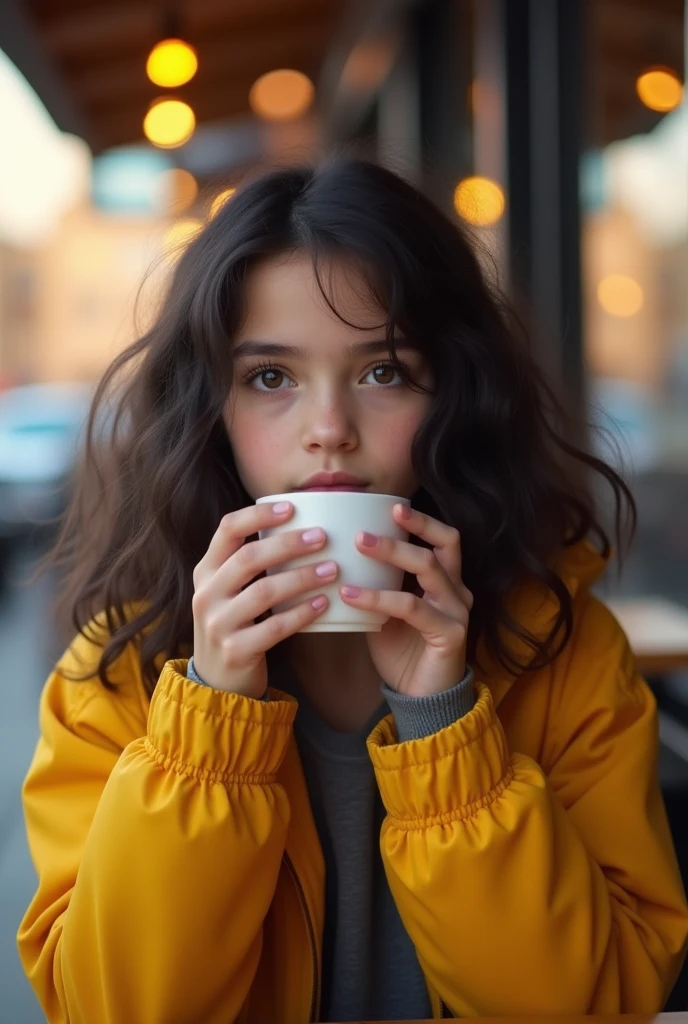 Beautiful and cute black hair with yellow jacket (drinking coffee in a modern cafe at sunset), muito detalhado, , innocent face, natural wavy hair, brown eyes, high definition, masterpiece, best quality, intricate details, muito  detalhado, sharp focus, detailed skin, real Hauttextur, texture, detailed eyes, professional, 4K, charming smile, shot with Canon, 85mm, depth of field, Kodak Vision color, perfectly proportioned body, great detail, photoshot_\  (ultra\) fotorealisti, realisti, post processing, maximum detail, roughness, real life, ultrarealisti, photoshotrealismus, photoshotgrafie, 8K UHD, photoshotgrafie