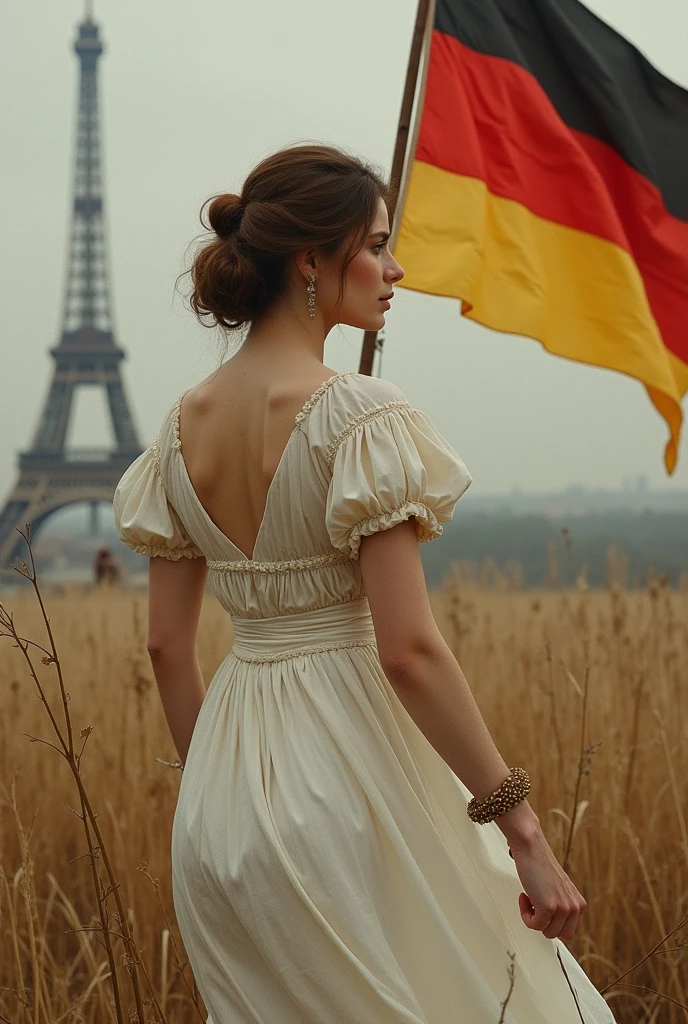 Now make the same image, but this time a lady in a white dress stained by war, in the 19th century, with allegories to freedom, in the style of the croix, and carry the flag that I asked you for in the previous image, on the battlefield of German independence.