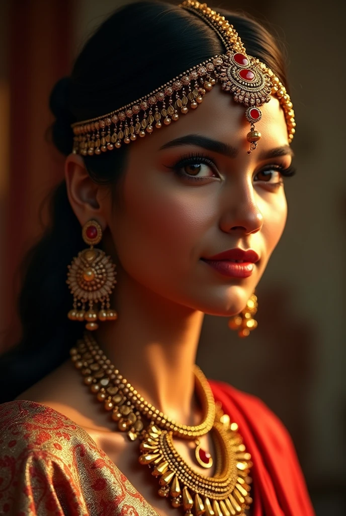 a beautiful indian woman, intricate indian jewelry, ornate indian headpiece, flowing indian dress, detailed indian facial features, detailed indian skin texture, glowing warm skin tones, dramatic dramatic lighting, cinematic composition, award winning digital art, 8k, ultra-detailed, photorealistic