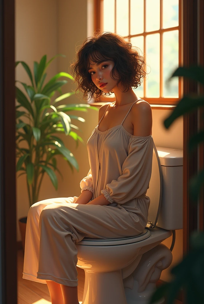 (photorealism:1.2), beautiful woman, sitting on Japanese toilet and diarrhea, wearing loose off-shoulder top, pajama pants, short curly hair, indoors, soft lighting, plants in background, window with sunlight, cozy room, relaxed pose, realistic, intricate details, warm colors, by Greg Rutkowski, by Alphonse Mucha