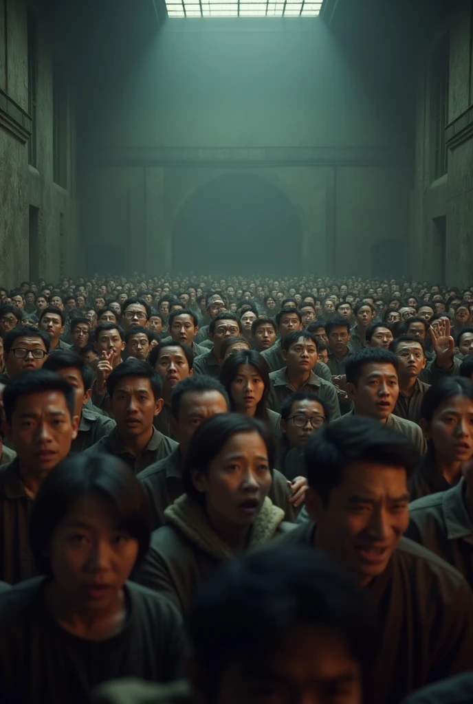 I would like you to make in good quality 3D a large dark room with a crowd of shocked Asians.