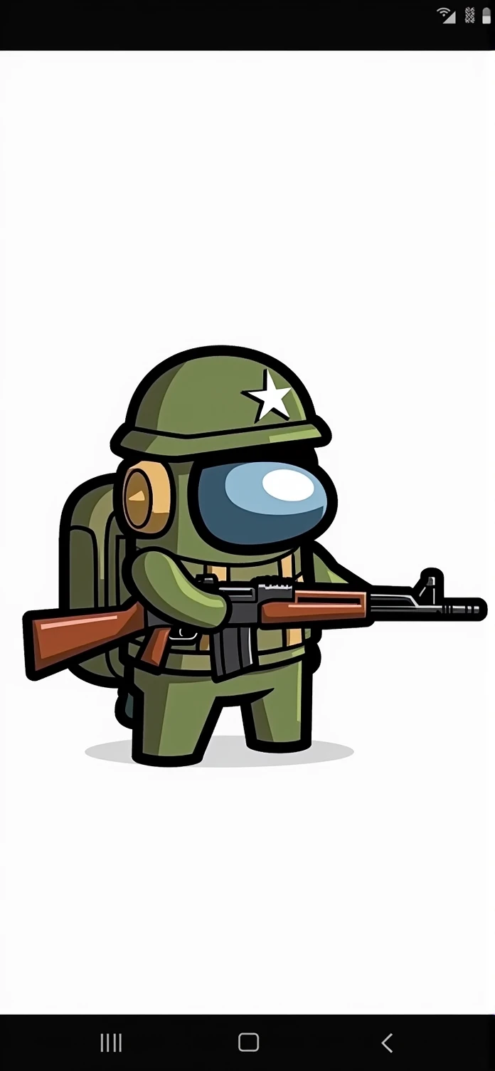 Create an 2d avatar with among us character of army soldier with bd army logoed helmet and ak47 rifle in hand