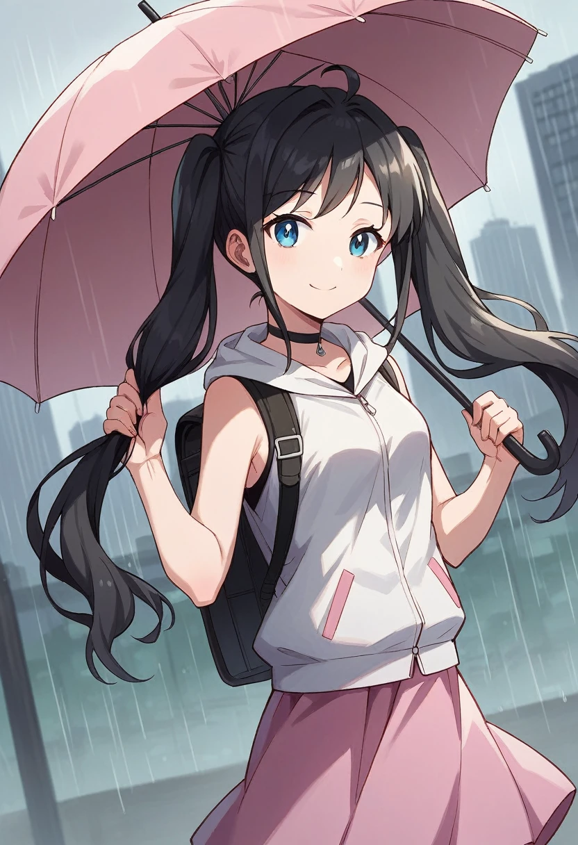 score_9, score_8_up, score_7_up, source_anime, hinaamano, hina amano, black hair, twintails, blue eyes, smile, skirt, jacket, sleeveless, choker, hood, bag, hoodie, white jacket, backpack, hood down, hooded jacket, pink skirt, sleeveless jacket, sleeveless hoodie, outdoors, cityscape, raining, umbrella, holding umbrella, looking at viewer, dutch angle, cowboy shot,dynamic pose