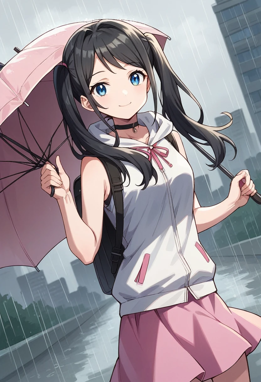 score_9, score_8_up, score_7_up, source_anime, hinaamano, hina amano, black hair, twintails, blue eyes, smile, skirt, jacket, sleeveless, choker, hood, bag, hoodie, white jacket, backpack, hood down, hooded jacket, pink skirt, sleeveless jacket, sleeveless hoodie, outdoors, cityscape, raining, umbrella, holding umbrella, looking at viewer, dutch angle, cowboy shot,dynamic pose